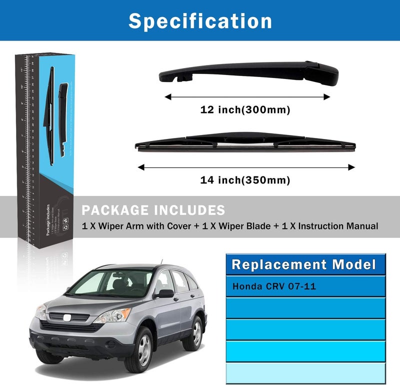 WTI Rear Wiper Arm Blade Set Compatible With Honda CRV 2007-2011 CR-V SUV Rear Windshield Window Wiper Kits Assembly New Replacement Accessories Parts Fit 76720SWA003 76720-SWA-003 - Image 5